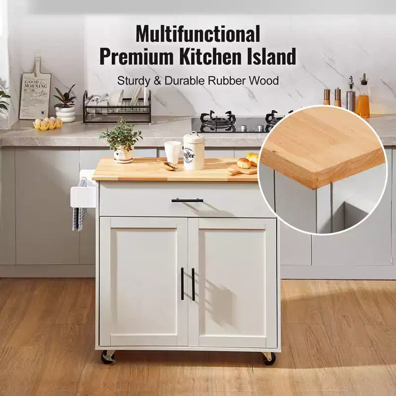 VEVOR Chariot de cuisine avec plateau en bois massif, 90 cm de large, avec armoire de rangement, table de cuisine roulante avec porte-épices, porte-serviettes, blanc