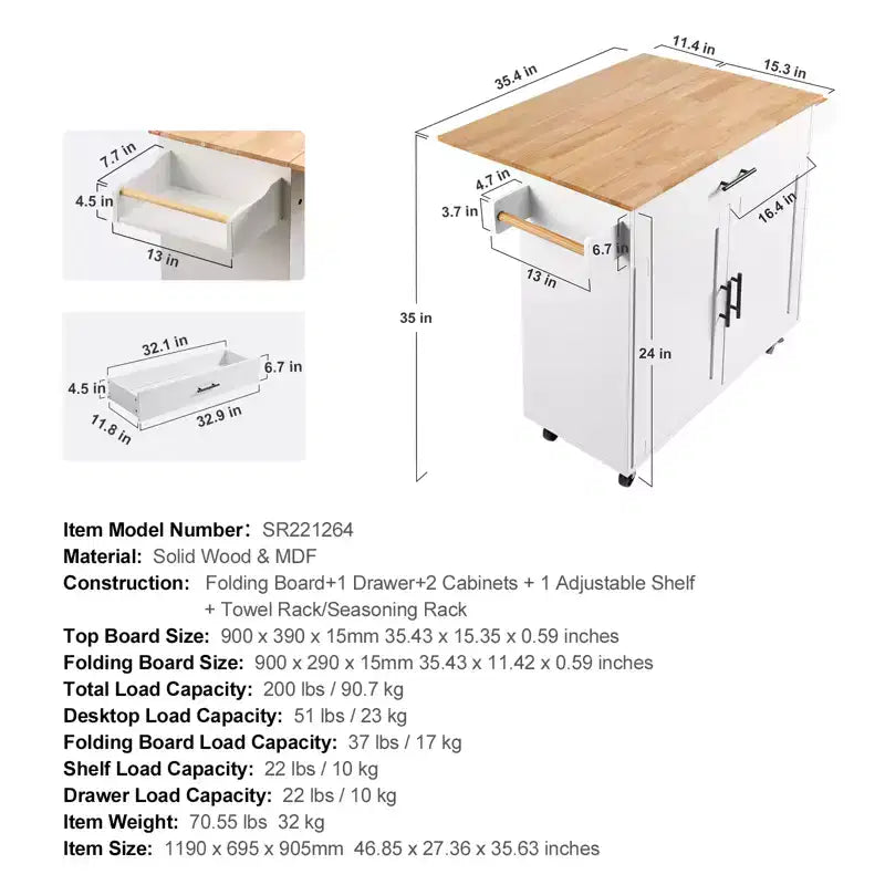 VEVOR Chariot de cuisine avec plateau en bois massif, 90 cm de large, avec armoire de rangement, table de cuisine roulante avec porte-épices, porte-serviettes, blanc
