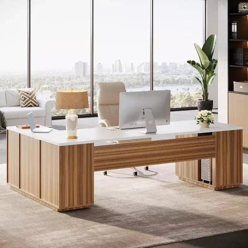 Bureau de Direction Lantine 85.8 en L, Très Grand Bureau Informatique avec Tiroirs de Classement pour Bureau à Domicile
