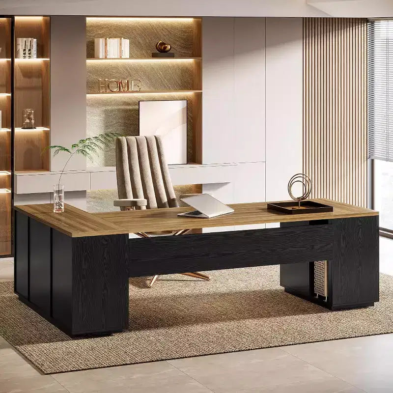 Lantine 85.8 L-Shaped Executive Desk, Extra Large Office Computer Desk with File Drawers for Home Office