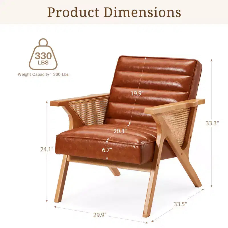Fauteuil d'appoint moderne en cuir EROMMY, rotin naturel et bois massif