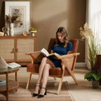 Fauteuil d'appoint moderne en cuir EROMMY, rotin naturel et bois massif
