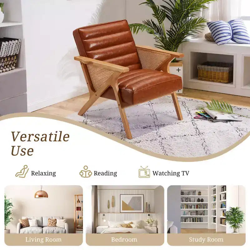 Fauteuil d'appoint moderne en cuir EROMMY, rotin naturel et bois massif