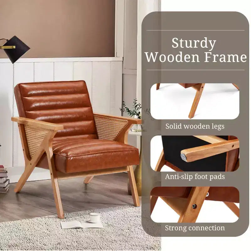 Fauteuil d'appoint moderne en cuir EROMMY, rotin naturel et bois massif