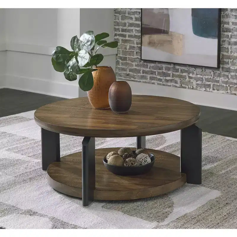 Table basse ronde bicolore Ashley Kraeburn Signature Design avec roulettes, marron