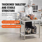 Table de préparation en acier inoxydable VEVOR, 24 x 36 x 34 pouces, capacité de charge de 340 kg, établi en métal robuste avec 3 niveaux de hauteur réglables