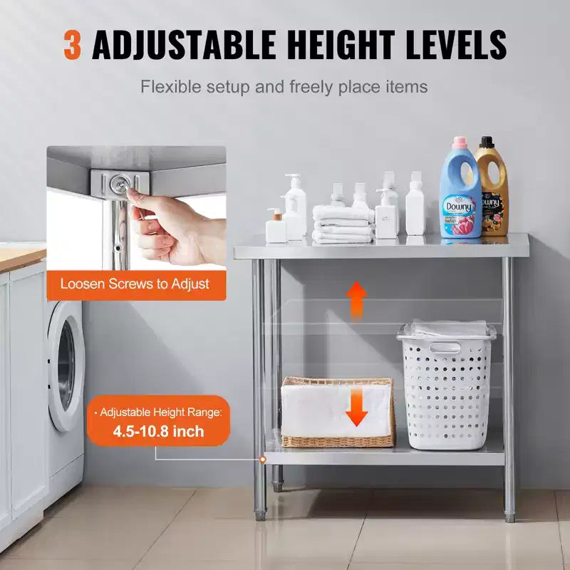 Table de préparation en acier inoxydable VEVOR, 24 x 36 x 34 pouces, capacité de charge de 340 kg, établi en métal robuste avec 3 niveaux de hauteur réglables