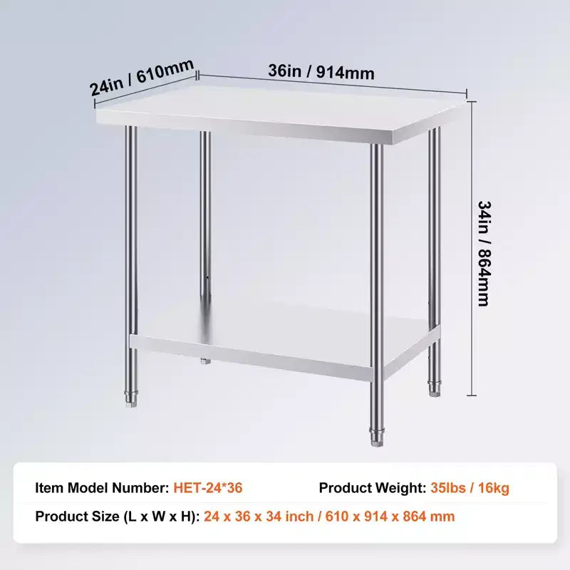 Table de préparation en acier inoxydable VEVOR, 24 x 36 x 34 pouces, capacité de charge de 340 kg, établi en métal robuste avec 3 niveaux de hauteur réglables