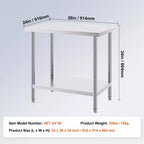 Table de préparation en acier inoxydable VEVOR, 24 x 36 x 34 pouces, capacité de charge de 340 kg, établi en métal robuste avec 3 niveaux de hauteur réglables