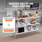 Table de préparation de cuisine en acier inoxydable VEVOR, 35,6 x 152,4 x 86,4 cm, avec 2 étagères réglables, table de préparation robuste