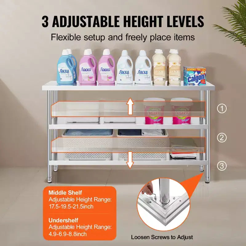 Table de préparation de cuisine en acier inoxydable VEVOR, 35,6 x 152,4 x 86,4 cm, avec 2 étagères réglables, table de préparation robuste