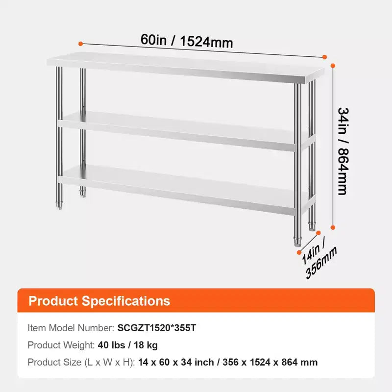 Table de préparation de cuisine en acier inoxydable VEVOR, 35,6 x 152,4 x 86,4 cm, avec 2 étagères réglables, table de préparation robuste