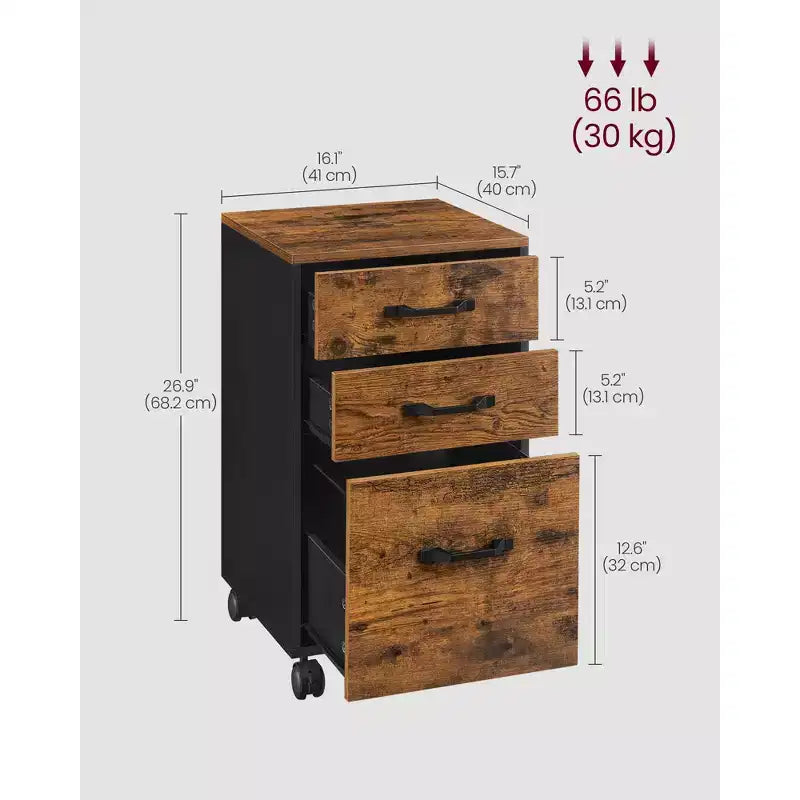 Meuble de classement mobile VASAGLE, 3 tiroirs, à roulettes, pour documents A4 et format lettre, rail de suspension réglable pour dossiers suspendus