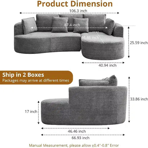 Canapé sectionnel modulaire incurvé de 269 cm avec méridienne et fonction couchage, en tissu chenille, aucun assemblage requis pour salon/appartement/chambre à coucher