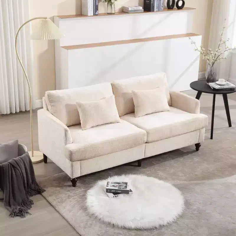 Vintage Chenille Fabric Mid-Century Loveseat, 2-Seater Upholstered Sofa for Living Room, Brown Wooden Leg Sofa for Bedroom