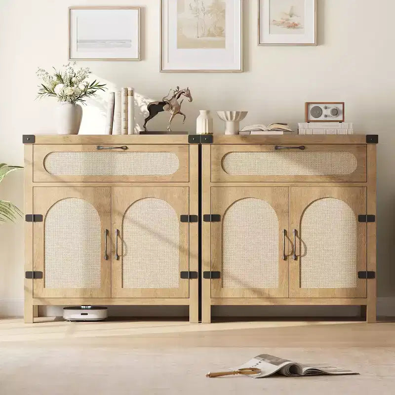 Garvee – Buffets bas de salle à manger en rotin avec rangement, armoire de rangement de cuisine de style campagnard avec tiroir pour salle à manger, salon, couloir