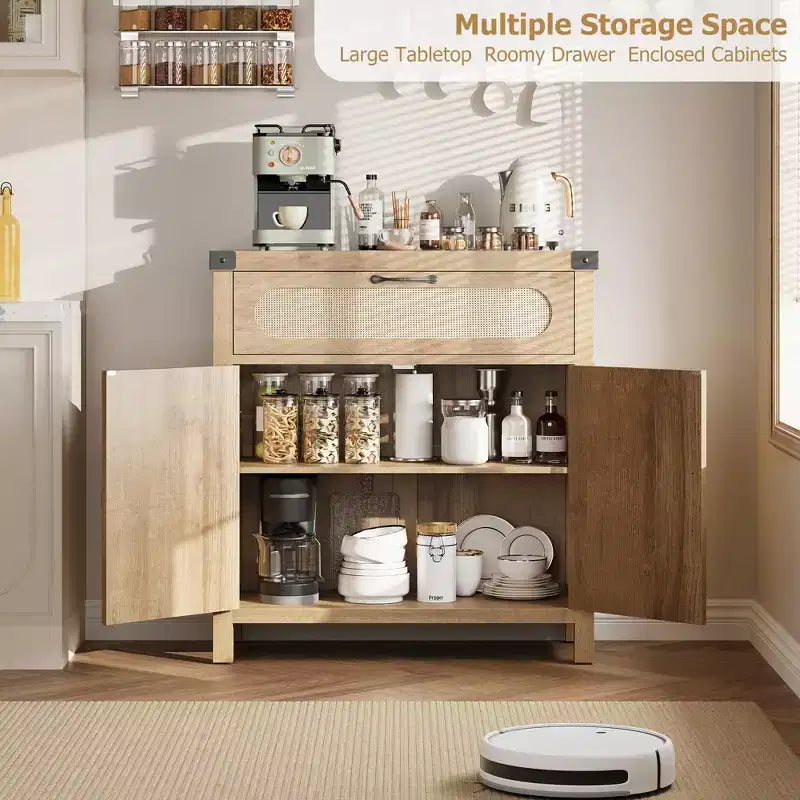Garvee – Buffets bas de salle à manger en rotin avec rangement, armoire de rangement de cuisine de style campagnard avec tiroir pour salle à manger, salon, couloir