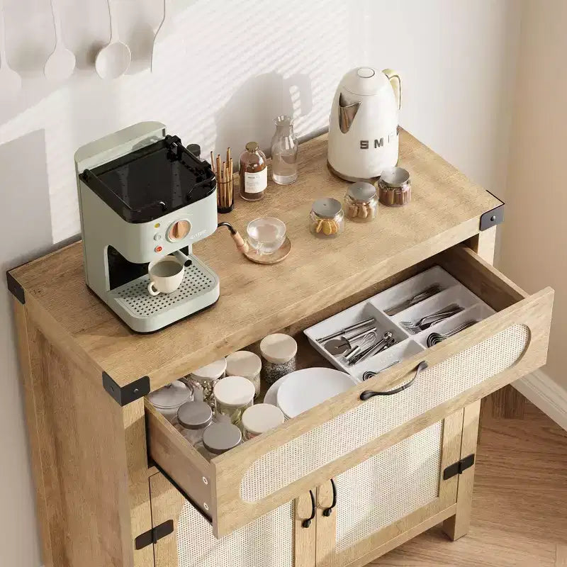 Garvee – Buffets bas de salle à manger en rotin avec rangement, armoire de rangement de cuisine de style campagnard avec tiroir pour salle à manger, salon, couloir