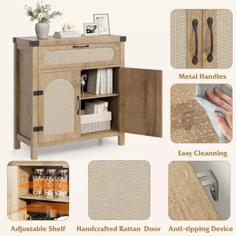 Garvee – Buffets bas de salle à manger en rotin avec rangement, armoire de rangement de cuisine de style campagnard avec tiroir pour salle à manger, salon, couloir