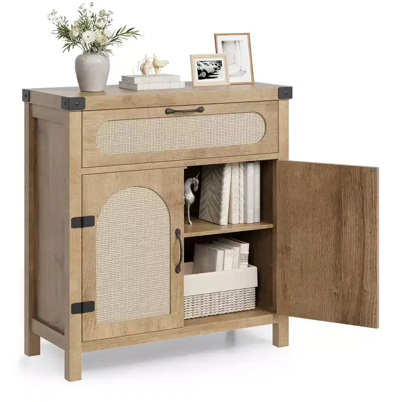 Garvee – Buffets bas de salle à manger en rotin avec rangement, armoire de rangement de cuisine de style campagnard avec tiroir pour salle à manger, salon, couloir