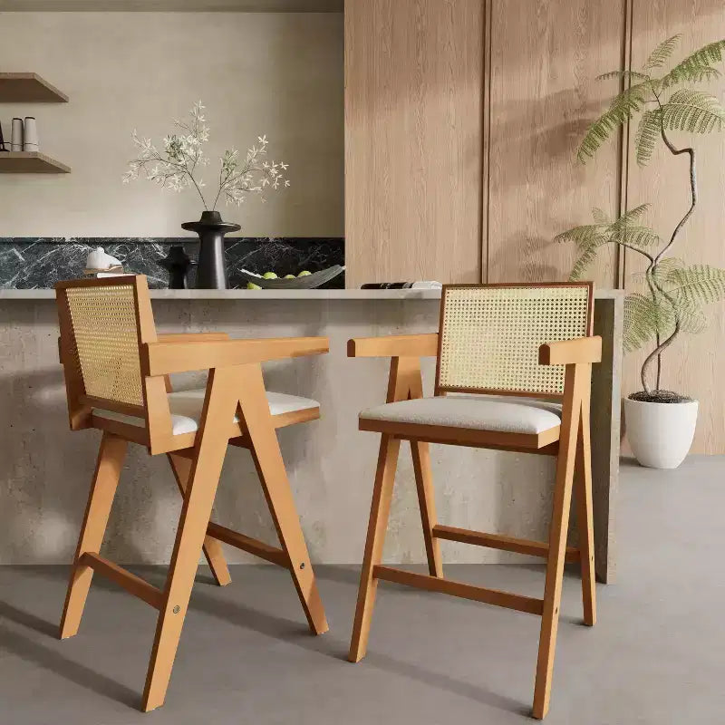 Christopher Knight Home Kelsey Tabourets de bar rembourrés minimalistes modernes en bois d'hévéa et rotin (Lot de 2)