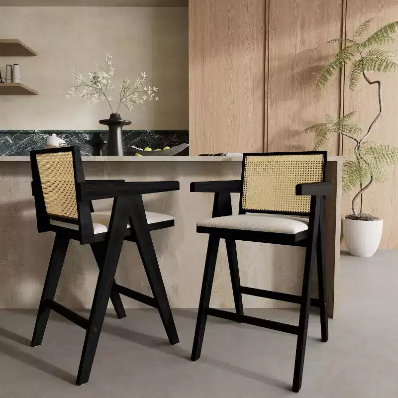 Christopher Knight Home Kelsey Tabourets de bar rembourrés minimalistes modernes en bois d'hévéa et rotin (Lot de 2)