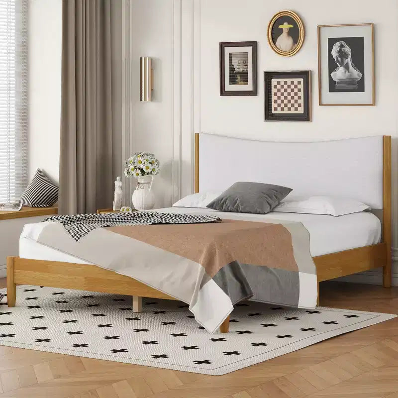 GDFStudio Tracy Modern Queen Size Rubber Wooden Bed with Teddy Velvet Cushion Upholstered Headboard