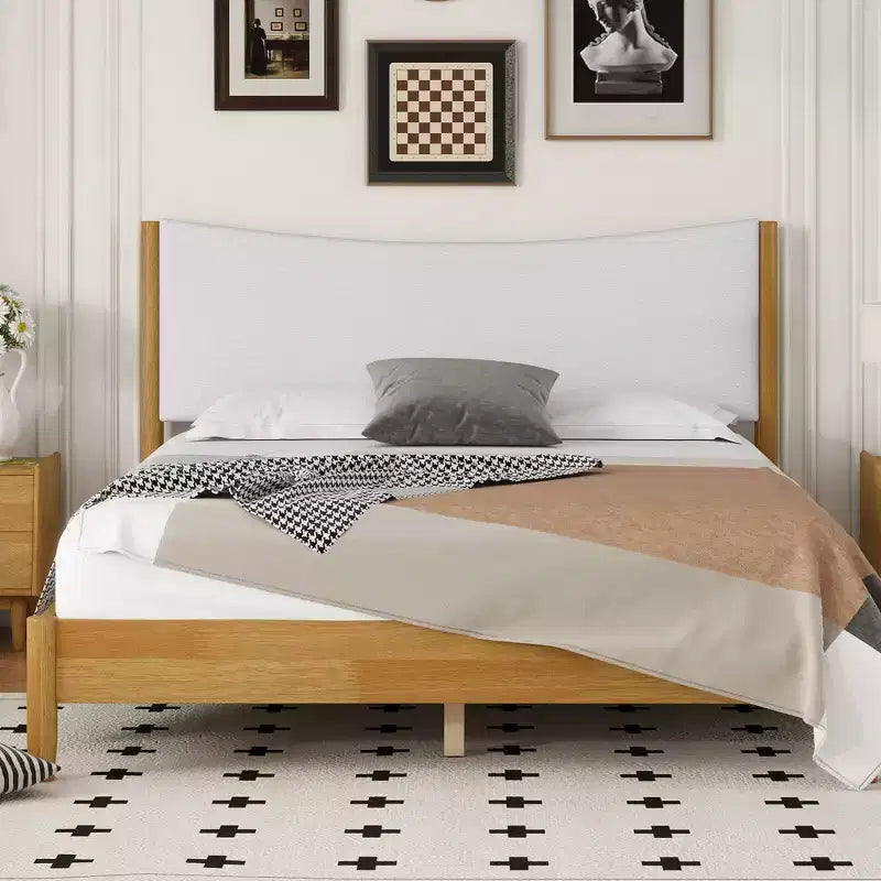 Lit moderne Queen Size GDFStudio Tracy en bois d'hévéa avec tête de lit capitonnée en velours Teddy