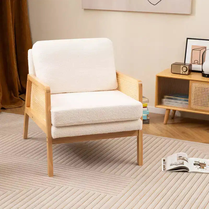 Costway Fauteuil d'appoint moderne du milieu du siècle, fauteuil de salon avec accoudoirs en rotin, cadre en bois, marron/naturel