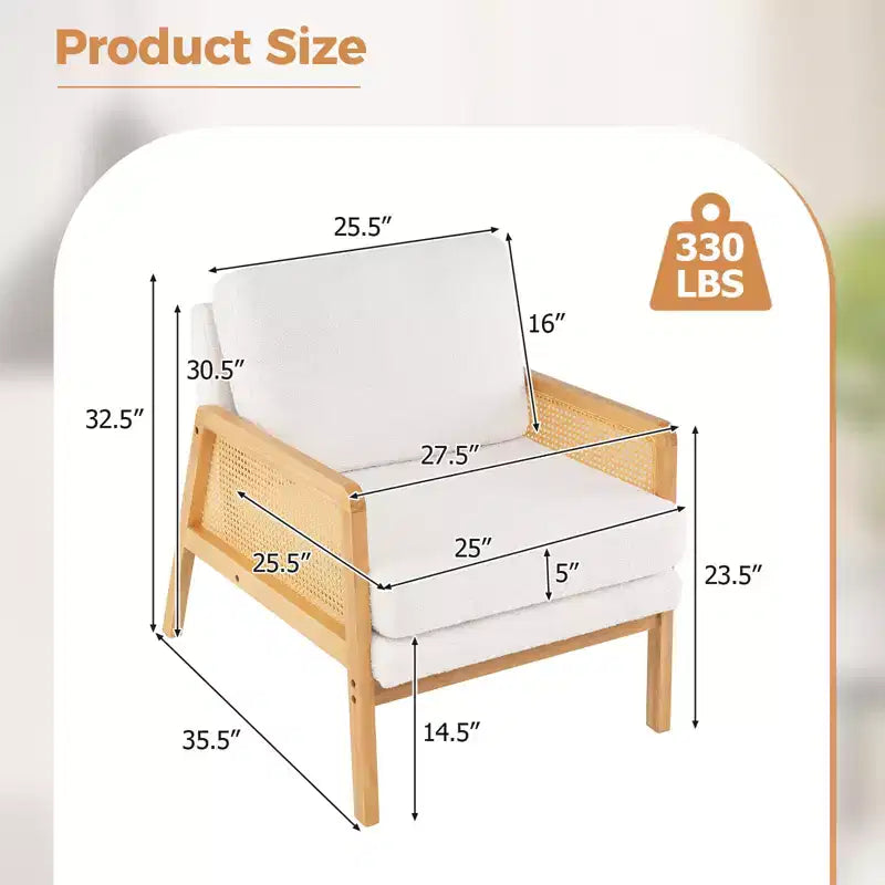 Costway Fauteuil d'appoint moderne du milieu du siècle, fauteuil de salon avec accoudoirs en rotin, cadre en bois, marron/naturel