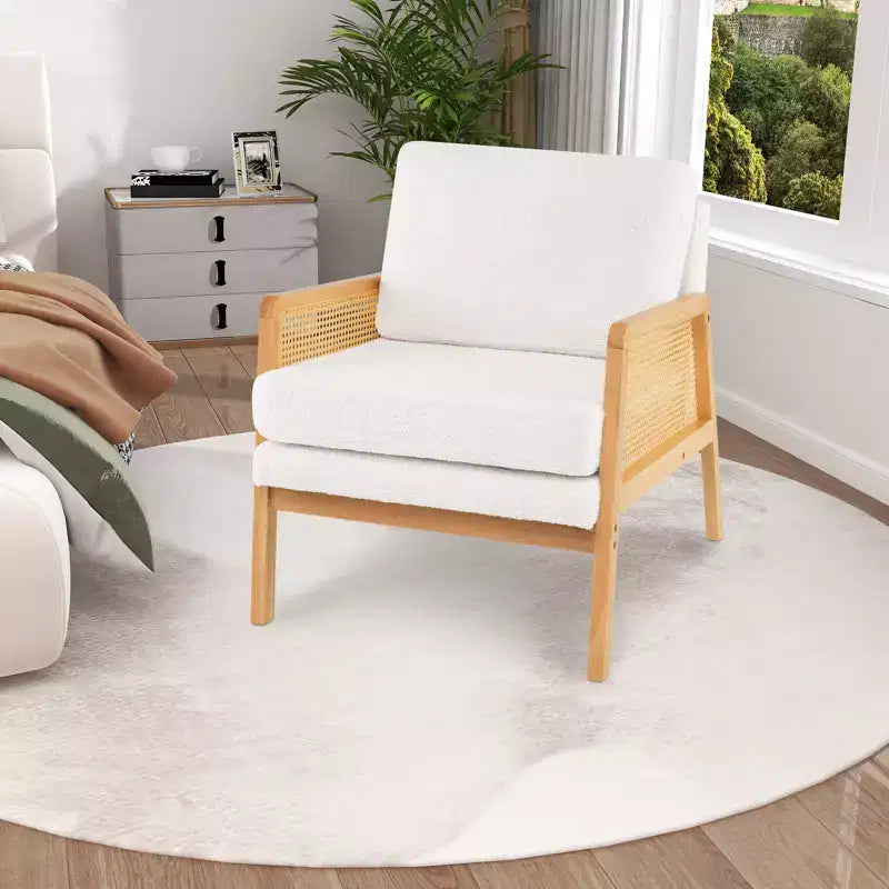 Costway Fauteuil d'appoint moderne du milieu du siècle, fauteuil de salon avec accoudoirs en rotin, cadre en bois, marron/naturel