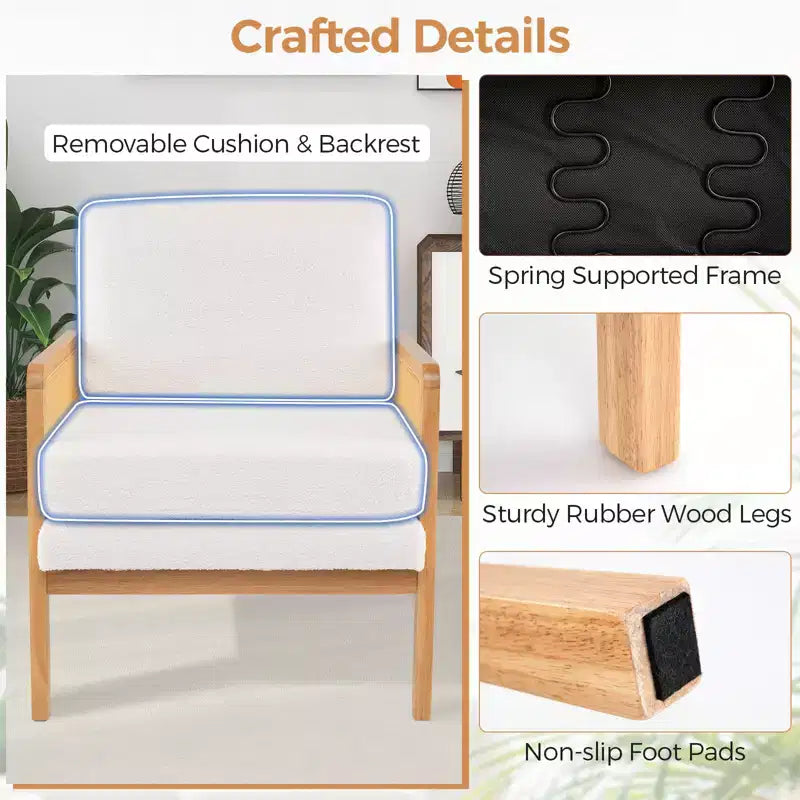 Costway Fauteuil d'appoint moderne du milieu du siècle, fauteuil de salon avec accoudoirs en rotin, cadre en bois, marron/naturel