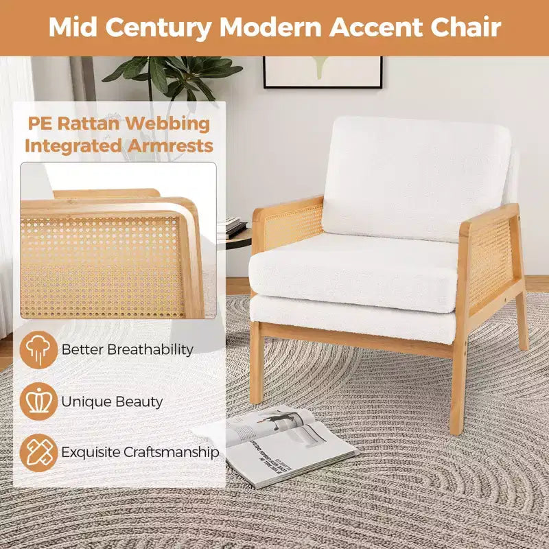 Costway Fauteuil d'appoint moderne du milieu du siècle, fauteuil de salon avec accoudoirs en rotin, cadre en bois, marron/naturel