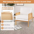 Costway Fauteuil d'appoint moderne du milieu du siècle, fauteuil de salon avec accoudoirs en rotin, cadre en bois, marron/naturel