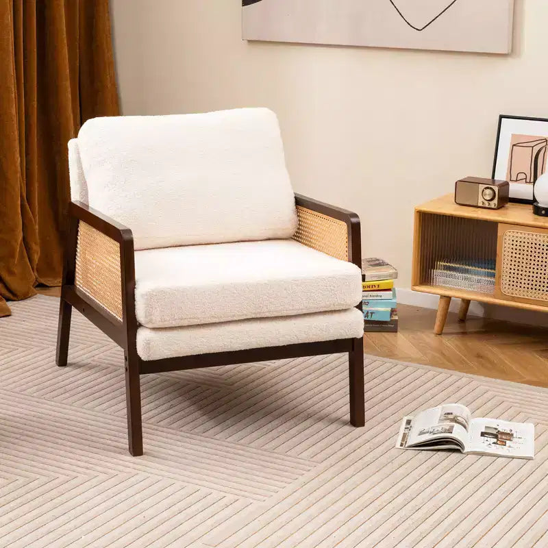 Costway Fauteuil d'appoint moderne du milieu du siècle, fauteuil de salon avec accoudoirs en rotin, cadre en bois, marron/naturel