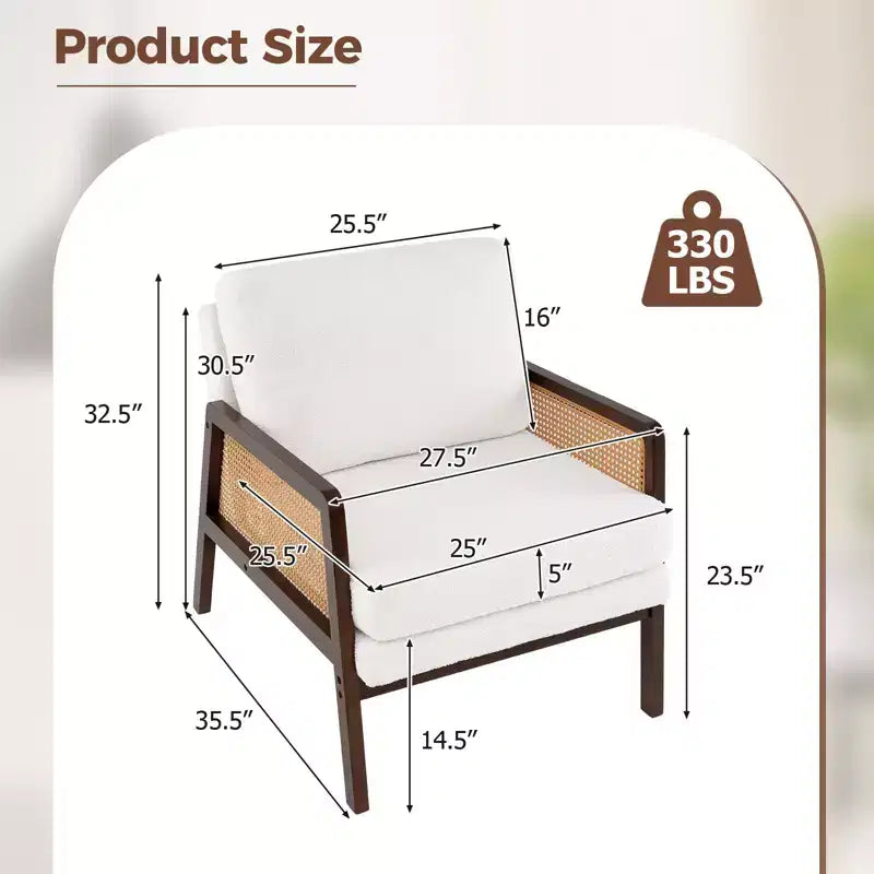 Costway Fauteuil d'appoint moderne du milieu du siècle, fauteuil de salon avec accoudoirs en rotin, cadre en bois, marron/naturel