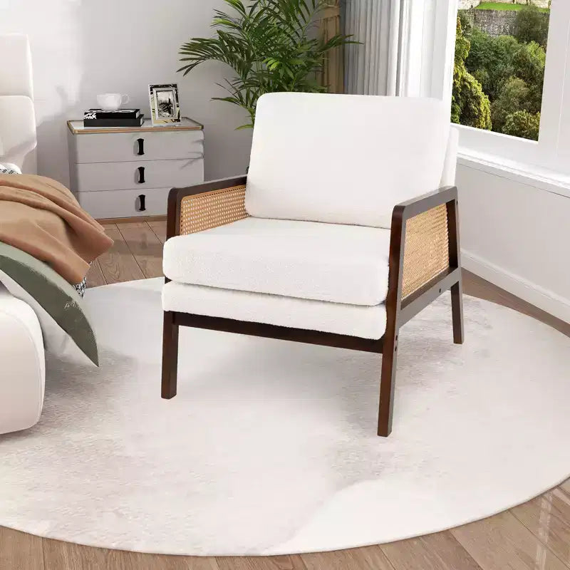 Costway Fauteuil d'appoint moderne du milieu du siècle, fauteuil de salon avec accoudoirs en rotin, cadre en bois, marron/naturel
