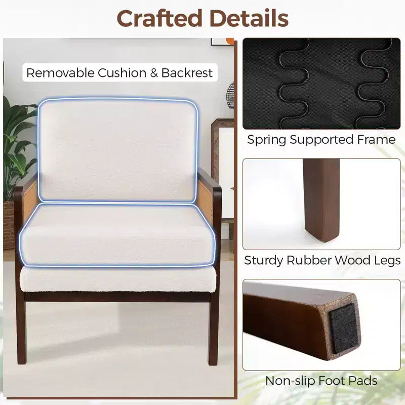 Costway Fauteuil d'appoint moderne du milieu du siècle, fauteuil de salon avec accoudoirs en rotin, cadre en bois, marron/naturel