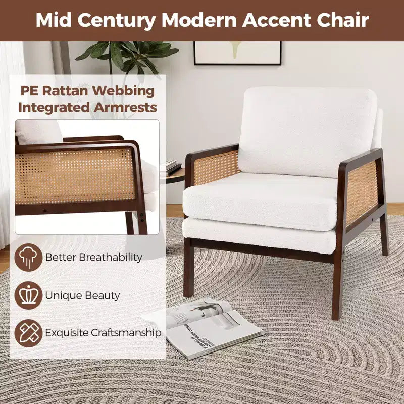 Costway Fauteuil d'appoint moderne du milieu du siècle, fauteuil de salon avec accoudoirs en rotin, cadre en bois, marron/naturel