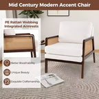 Costway Fauteuil d'appoint moderne du milieu du siècle, fauteuil de salon avec accoudoirs en rotin, cadre en bois, marron/naturel