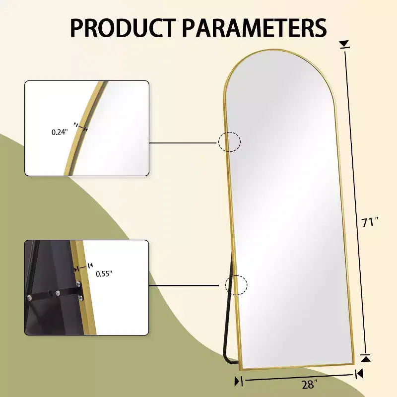 Miroir pleine longueur 71x26, Miroirs muraux à suspendre ou à poser, Miroir de corps entier à dessus arqué avec support pour chambre, dressing