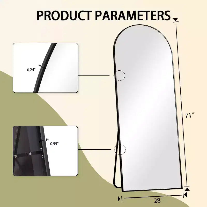 Miroir pleine longueur 71x26, Miroirs muraux à suspendre ou à poser, Miroir de corps entier à dessus arqué avec support pour chambre, dressing