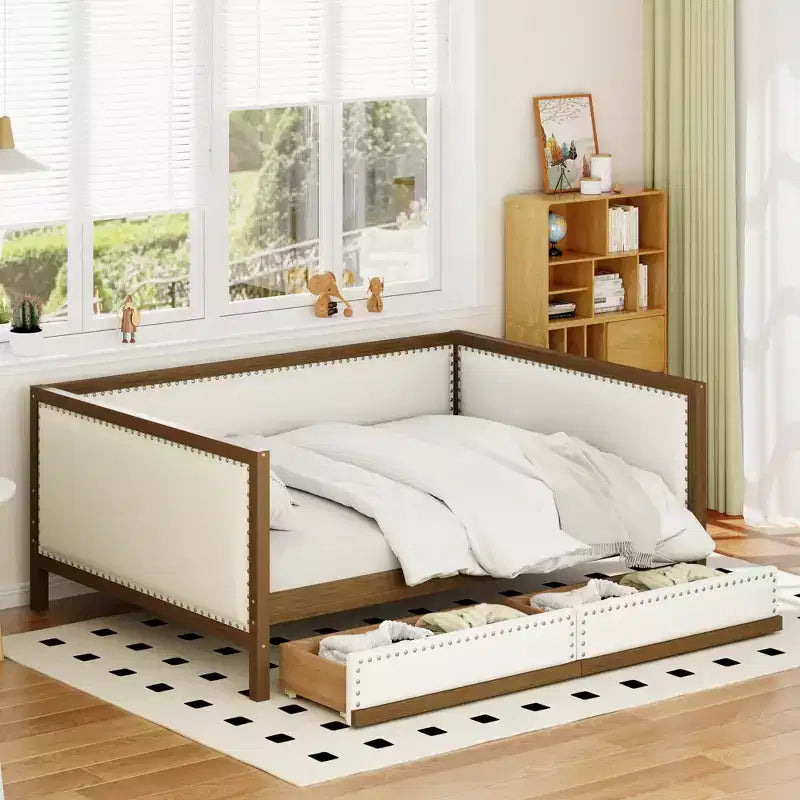 Full Size Upholstered Daybed with Trundle and Nailhead Decoration