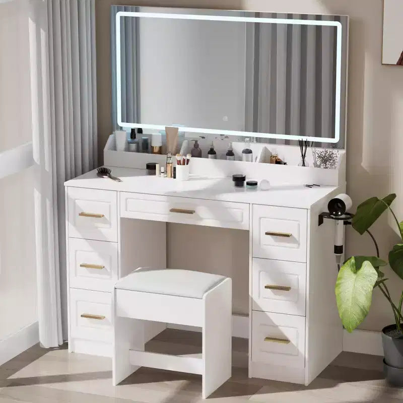 Homesflex 43 White Vanity Desk with Mirror, LED Lights, Power Outlet, 3 Light Modes, 7 Drawers, and Chair for Bedroom or Dressing Room