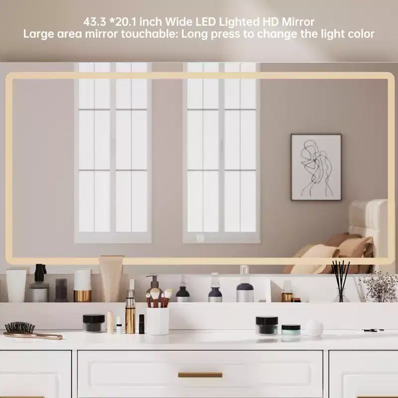 Homesflex 43" Coiffeuse Blanche avec Miroir, Lumières LED, Prise de Courant, 3 Modes d'Éclairage, 7 Tiroirs et Chaise pour Chambre ou Dressing