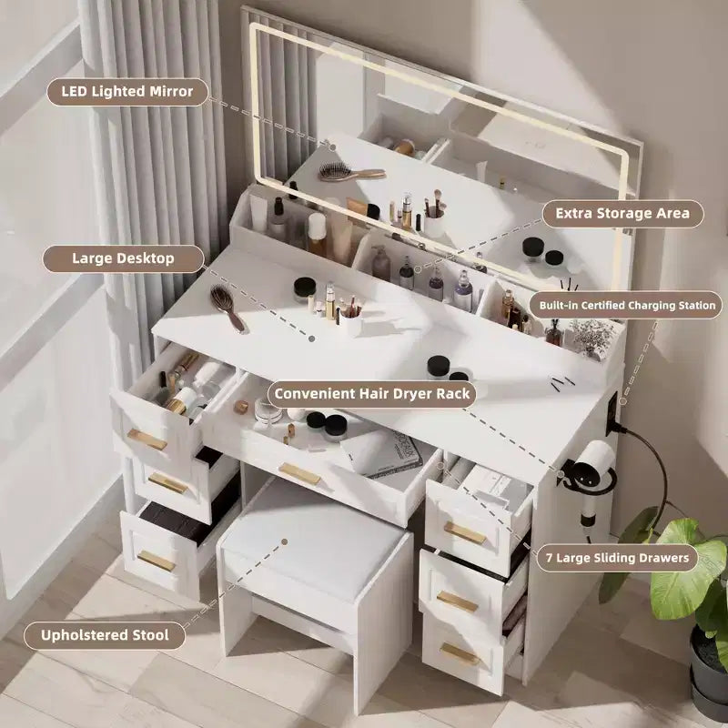 Homesflex 43" Coiffeuse Blanche avec Miroir, Lumières LED, Prise de Courant, 3 Modes d'Éclairage, 7 Tiroirs et Chaise pour Chambre ou Dressing