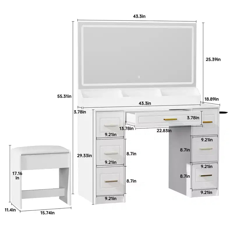 Homesflex 43" Coiffeuse Blanche avec Miroir, Lumières LED, Prise de Courant, 3 Modes d'Éclairage, 7 Tiroirs et Chaise pour Chambre ou Dressing