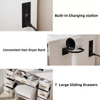 Homesflex 43" Coiffeuse Blanche avec Miroir, Lumières LED, Prise de Courant, 3 Modes d'Éclairage, 7 Tiroirs et Chaise pour Chambre ou Dressing