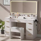 Homesflex 43" Coiffeuse Blanche avec Miroir, Lumières LED, Prise de Courant, 3 Modes d'Éclairage, 7 Tiroirs et Chaise pour Chambre ou Dressing