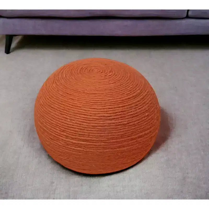 HomeRoots Pouf rond côtelé en laine orange 20